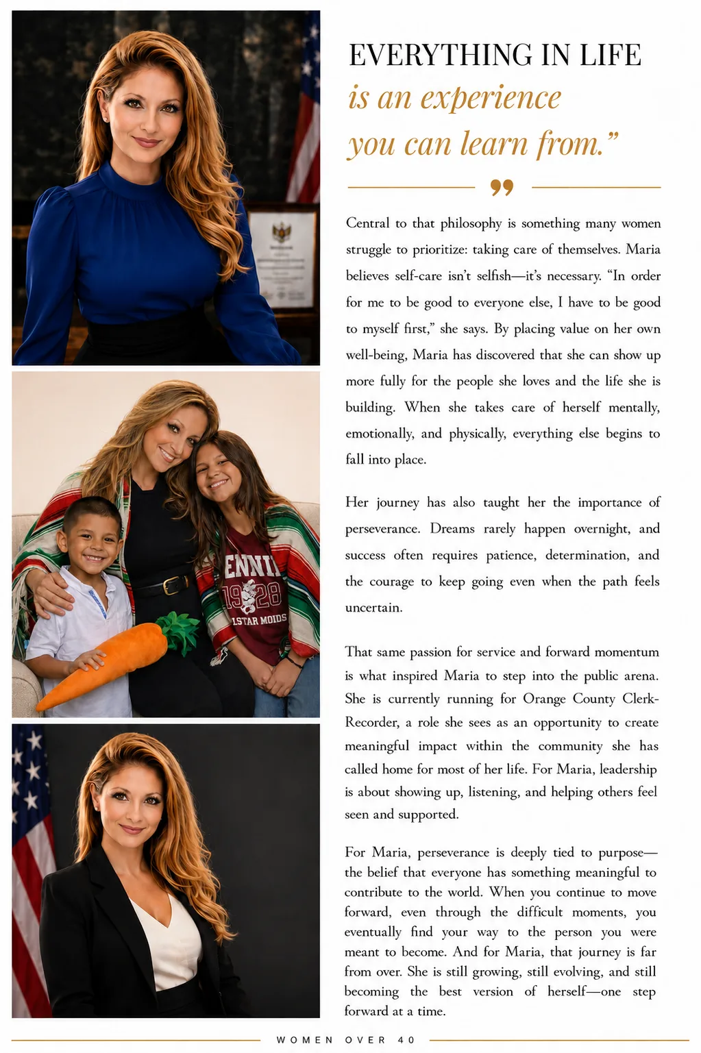 Interior article page from Women Over 40 Magazine featuring Maria Holly Barraza